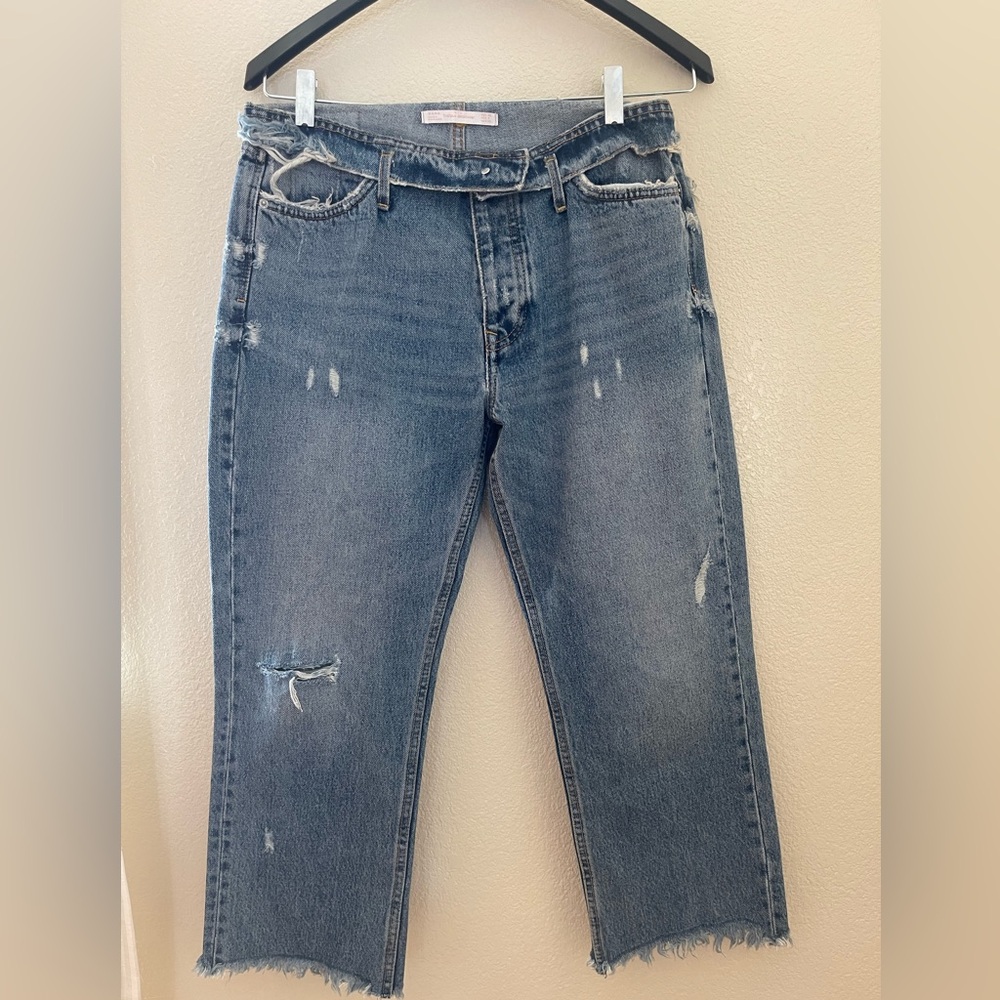 Zara Fold over Boyfriend Jeans Denim Distressed Size 4 Crop Flare